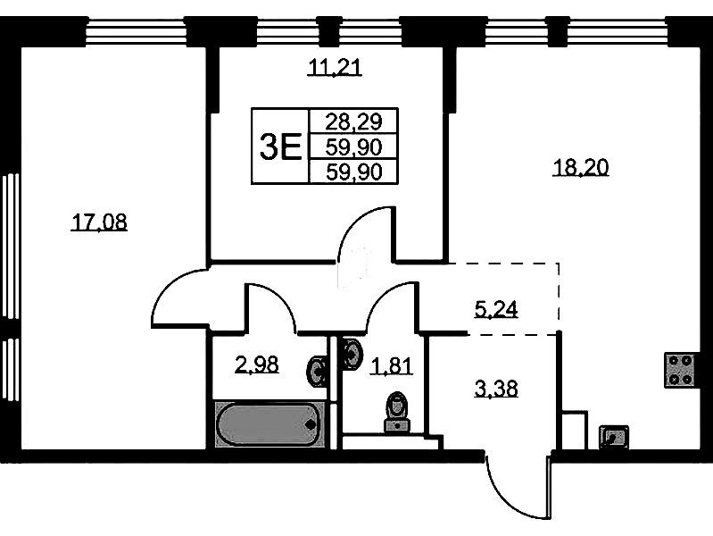 2-комнатная квартира 59.9 м², 1/11 эт., ЖК «Новое Колпино»